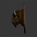 Decorative Metal Bull Head Sculpture On Wooden Shield Shaped Background With Relief Design
