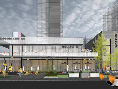 Modern Shopping Center Exterior Design With Glass Facade Outdoor Seating And Greenery 3d model