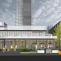 Modern Shopping Center Exterior Design With Glass Facade Outdoor Seating And Greenery