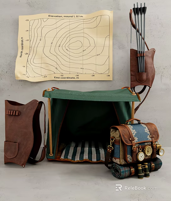 Vintage Adventure Decorative Ornament Set With Green Canvas Case Brown Leather Backpack And Map 3d model 