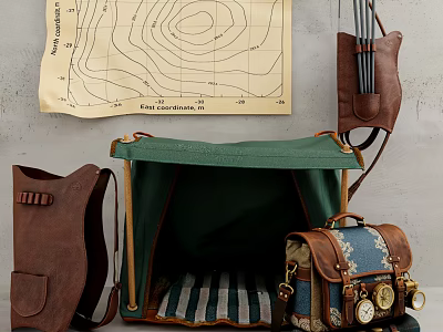 Vintage Adventure Decorative Ornament Set With Green Canvas Case Brown Leather Backpack And Map 3d model