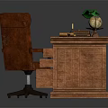 Wooden Desk With Green Lamp Globe Open Book And Brown Office Chair