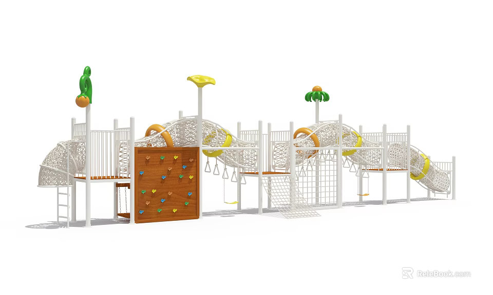 Kindergarten Outdoor Playground With Climbing Net Slide Rock Wall And Swings 3d model 