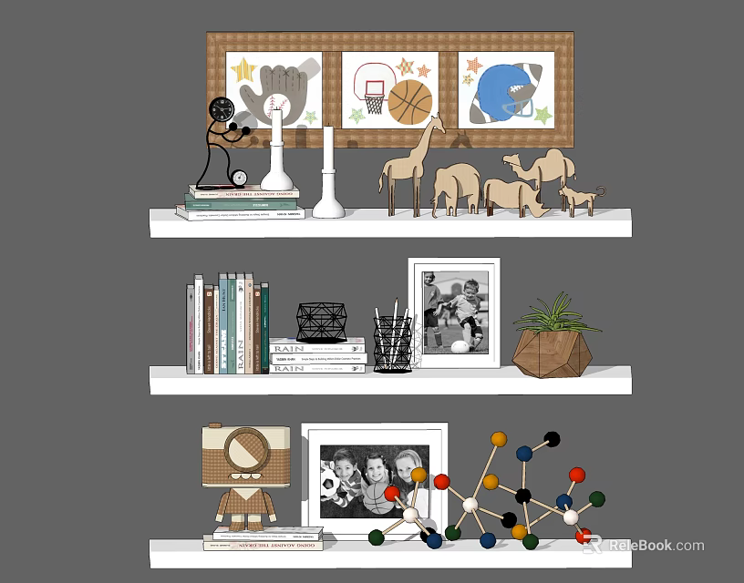 Stylish Decorative Ornament Combination with Figurines Models Framed Photos and Plants on Shelves 3d model 