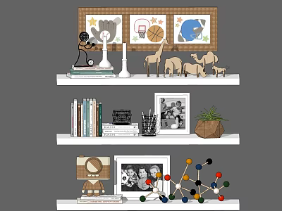 Stylish Decorative Ornament Combination with Figurines Models Framed Photos and Plants on Shelves 3d model