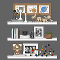 Stylish Decorative Ornament Combination with Figurines Models Framed Photos and Plants on Shelves