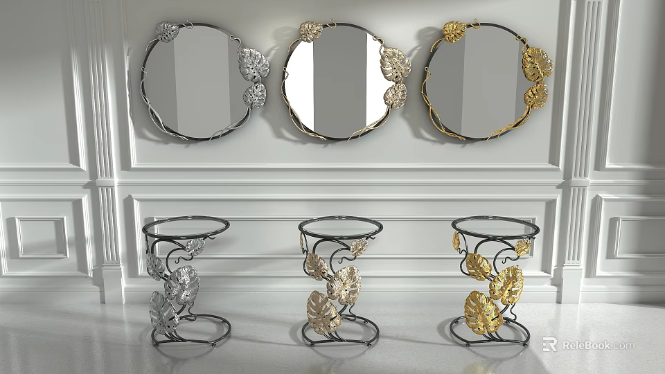 Decorative Round Mirrors With Leaf Accents In Silver And Gold On White Wall 3d model 