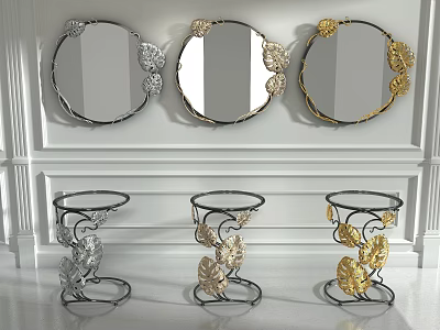 Decorative Round Mirrors With Leaf Accents In Silver And Gold On White Wall 3d model