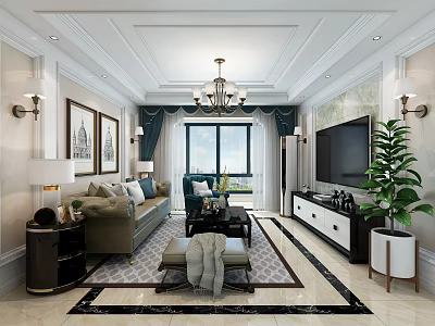 Classic Living Room Interior Design With Chandelier Sofa Coffee Table And TV 3d model