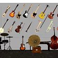 Assorted Musical Instruments Display With Guitars Violins Trumpets Drums Cellos And Gramophones
