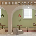 Mall Shop Interior Featuring Bar Counter Green Bar Stools Wooden Shelves Round Mirror Pendant Lights