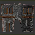 Damaged Architectural Structure Featuring Red Brick Walls Black Patterned Wallpaper And Wooden Details