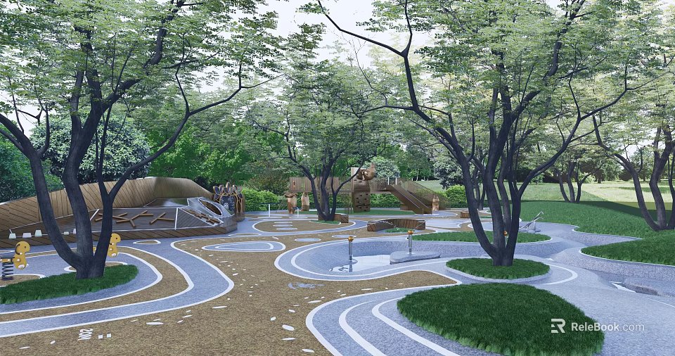 Modern Garden Landscape Design With Curved Pathways Lush Trees And Green Lawns 3d model 