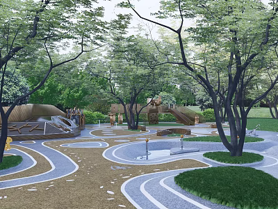 Modern Garden Landscape Design With Curved Pathways Lush Trees And Green Lawns 3d model