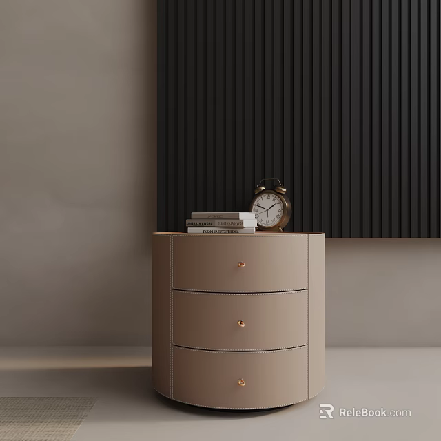 Light Brown Bedside Table With Three Drawers Alarm Clock And Stacked Books 3d model 