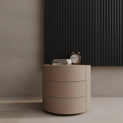 Light Brown Bedside Table With Three Drawers Alarm Clock And Stacked Books 3d model
