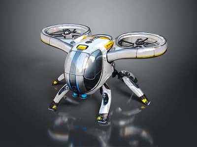Futuristic Drone Robot With Four Propellers Mechanical Legs Silver White Body And Yellow Accents 3d model