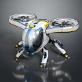 Futuristic Drone Robot With Four Propellers Mechanical Legs Silver White Body And Yellow Accents