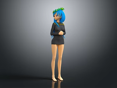 3D Character With Blue Hair Green Wreath And Black Dress Standing Against Grey Background 3d model