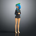 3D Character With Blue Hair Green Wreath And Black Dress Standing Against Grey Background