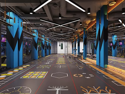 Modern Spacious Fitness Gym Interior With Blue Pillars Floor Markings And Training Equipment 3d model