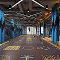 Modern Spacious Fitness Gym Interior With Blue Pillars Floor Markings And Training Equipment