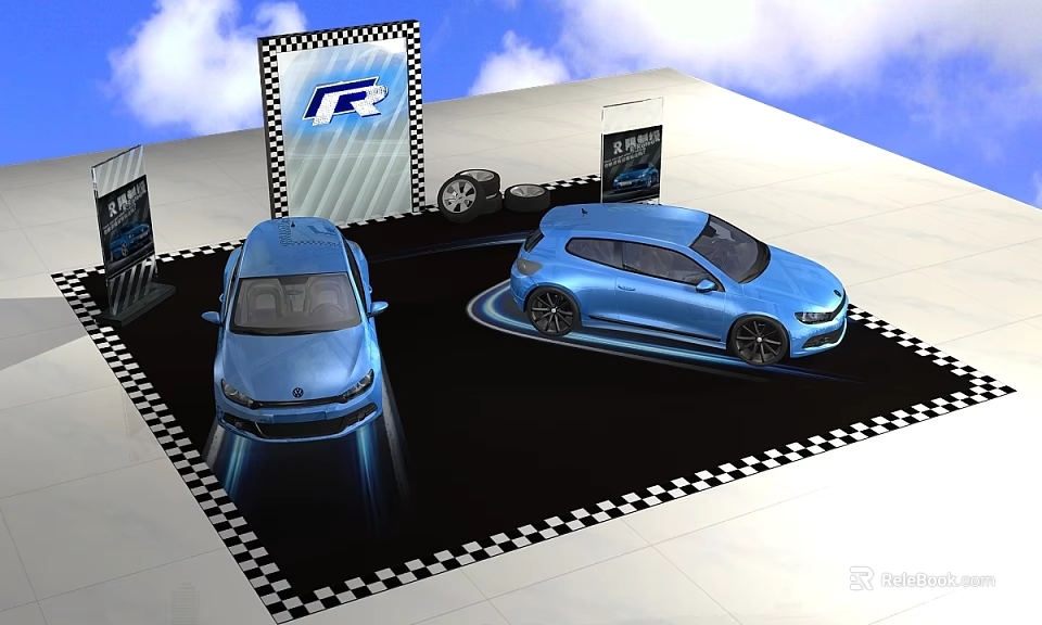 Car Exhibition Display With Two Blue Cars Black And White Checkered Floor And Tire 3d model 