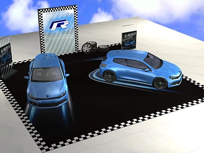 Car Exhibition Display With Two Blue Cars Black And White Checkered Floor And Tire 3d model
