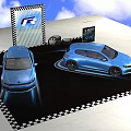 Car Exhibition Display With Two Blue Cars Black And White Checkered Floor And Tire