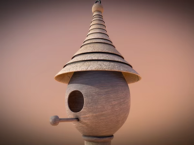Wooden Children's Play Equipment With Conical Roof Spherical Body And Circular Opening Design 3d model