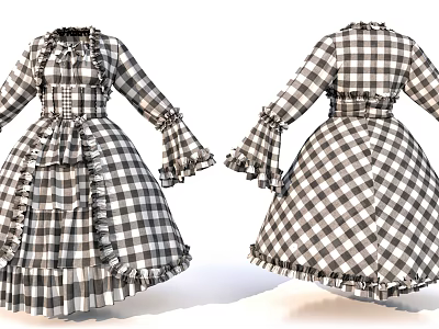 Vintage Black And White Checkered Dress With Ruffled Sleeves Lace Trim And Flared Skirt 3d model