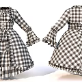 Vintage Black And White Checkered Dress With Ruffled Sleeves Lace Trim And Flared Skirt