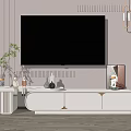 Modern White TV Stand with Large Screen TV Striped Wall and Decorative Items