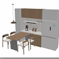 Modern Kitchen Setup With Wooden Dining Table Chairs Cabinets And Refrigerator
