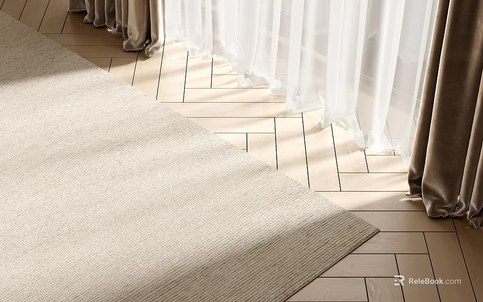 Beige Square Rug Soft Woven Texture Sunlight On Wooden Floor With White Curtains 3d model 