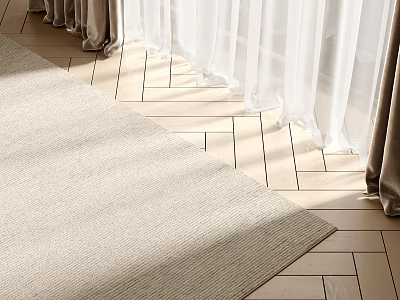 Beige Square Rug Soft Woven Texture Sunlight On Wooden Floor With White Curtains 3d model