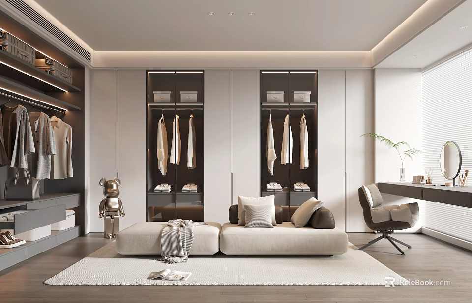 Modern Walk in Closet Interior With Hanging Clothes Storage Cabinets Sofa Bench And Decorative Sculpture 3d model 