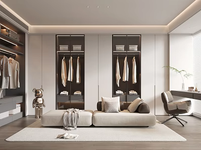 Modern Walk in Closet Interior With Hanging Clothes Storage Cabinets Sofa Bench And Decorative Sculpture 3d model
