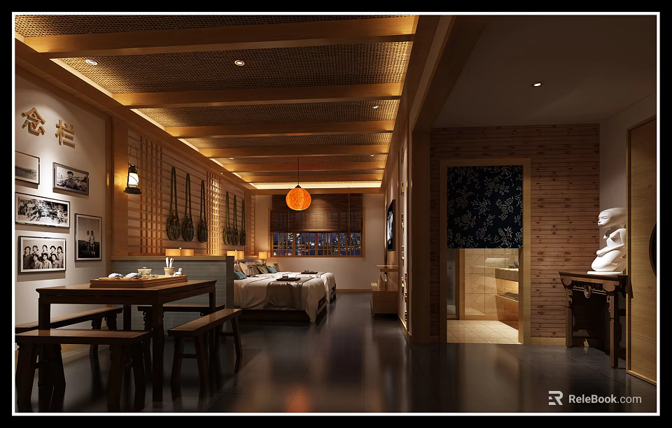 Traditional Chinese Style Hotel Guest Room With Wooden Ceiling Lantern Tatami Bed and Wooden Table 3d model 