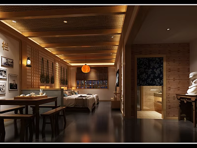 Traditional Chinese Style Hotel Guest Room With Wooden Ceiling Lantern Tatami Bed and Wooden Table 3d model