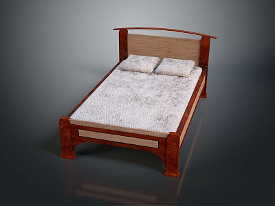 Cozy Wooden Bed Frame With Two Pillows And Light Mattress For Multiple People 3d model