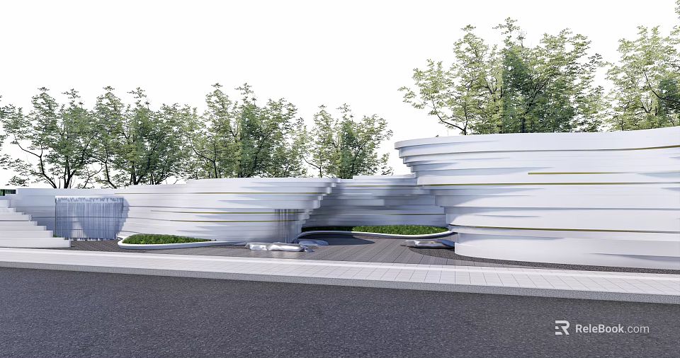 Modern Curved Landscape Wall Design With Greenery And Trees In Outdoor Space 3d model 