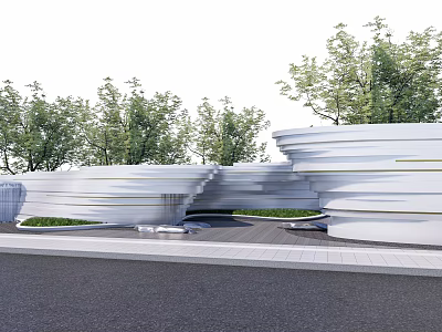 Modern Curved Landscape Wall Design With Greenery And Trees In Outdoor Space 3d model