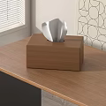 Wooden Tissue Box On Wooden Table With Window Blinds And Geometric Wall Pattern