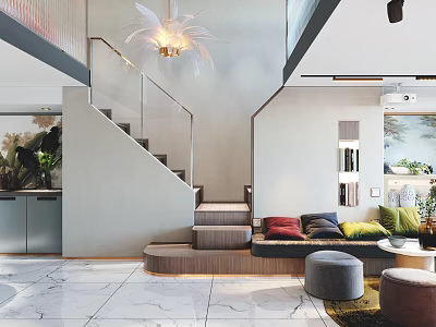Modern Apartment With Glass Railing Staircase Sofa Colorful Pillows Chandelier Green Plants And Marble Floor 3d model