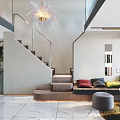 Modern Apartment With Glass Railing Staircase Sofa Colorful Pillows Chandelier Green Plants And Marble Floor