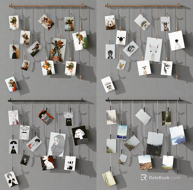 Creative Photo Wall With Family Photos And Art Prints Hanging On Strings 3d model 