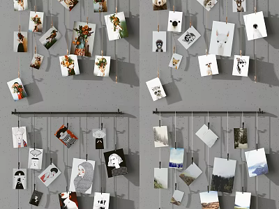 Creative Photo Wall With Family Photos And Art Prints Hanging On Strings 3d model