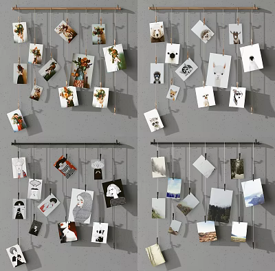 Creative Photo Wall With Family Photos And Art Prints Hanging On Strings 3d model