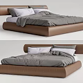 Modern Double Bed With Brown Leather Frame Gray Bedspread And White Pillows